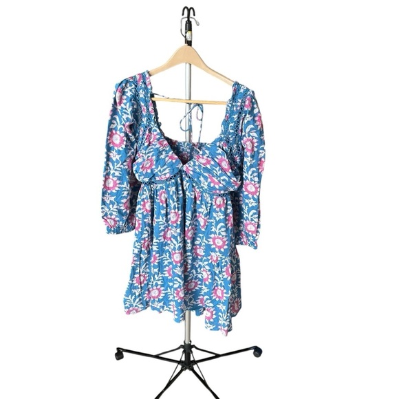 Free People Sacha Mini Babydoll Dress Floral 3/4 Sleeve Beaded Back Tie Women L - Picture 4 of 8